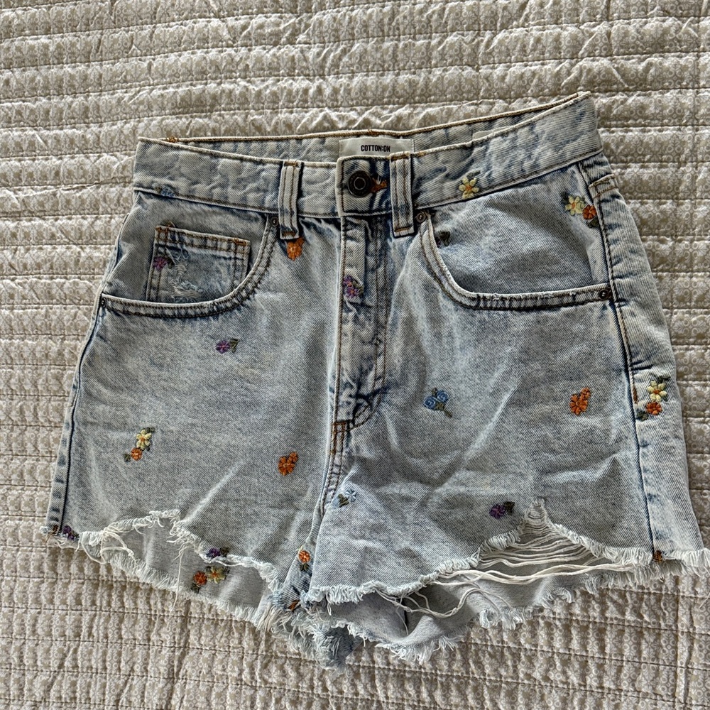 Cotton On Light Blue Embroidered Jean Shorts